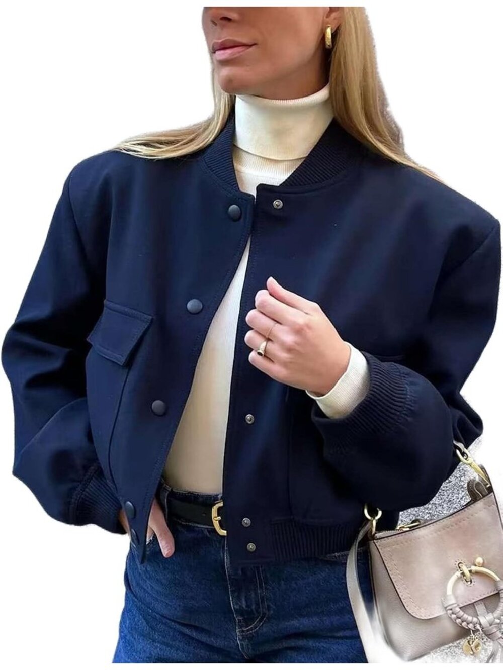 Women's Blue Cropped Button Down Varsity Jackets Shackets Pocket Bomber Jackets